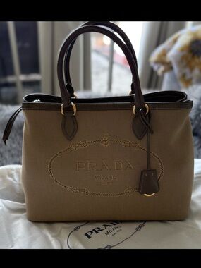 Prada Tan Canvas Tote with Dark Brown Leather Trim